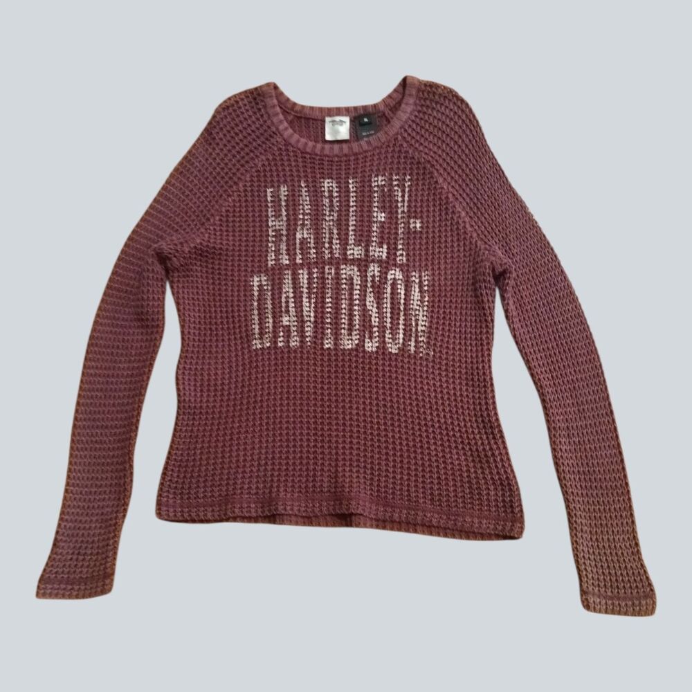 Harley-Davidson Womens XL Waffle Knit Sweater Burgundy Spell Out Crew Neck
